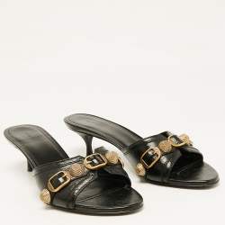 Balenciaga Black Leather Le Cagole Studded Slide Sandals Size 38
