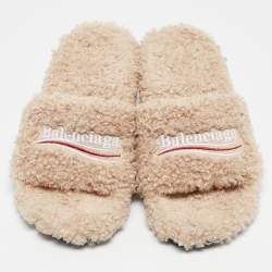 Balenciaga Beige Faux Shearling Fur Furry Slide Sandals Size 38