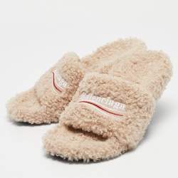 Balenciaga Beige Faux Shearling Fur Furry Slide Sandals Size 38