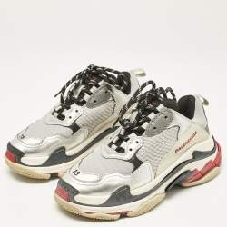 Balenciaga Silver/Black Faux Leather and Mesh Triple S Sneakers Size 38