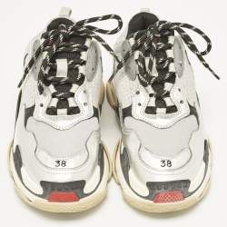 Balenciaga Silver/Black Faux Leather and Mesh Triple S Sneakers Size 38