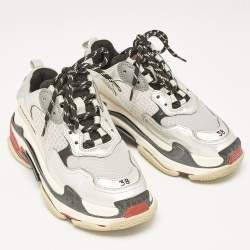 Balenciaga Silver/Black Faux Leather and Mesh Triple S Sneakers Size 38
