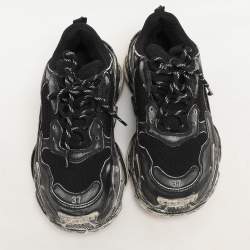 Balenciaga Black Leather and Mesh Triple S Distressed Low Top Sneakers Size 37