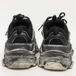 Balenciaga Black Leather and Mesh Triple S Distressed Low Top Sneakers Size 37