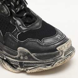Balenciaga Black Leather and Mesh Triple S Distressed Low Top Sneakers Size 37