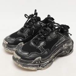 Balenciaga Black Leather and Mesh Triple S Distressed Low Top Sneakers Size 37