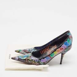 Balenciaga Black Leather Graffiti Print BB Pointed Toe Pumps Size 39