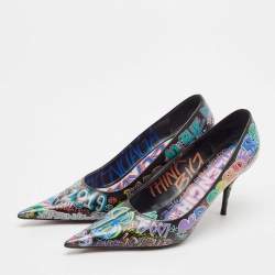 Balenciaga Black Leather Graffiti Print BB Pointed Toe Pumps Size 39