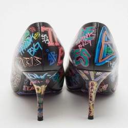 Balenciaga Black Leather Graffiti Print BB Pointed Toe Pumps Size 39