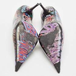 Balenciaga Black Leather Graffiti Print BB Pointed Toe Pumps Size 39