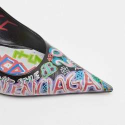 Balenciaga Black Leather Graffiti Print BB Pointed Toe Pumps Size 39