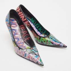 Balenciaga Black Leather Graffiti Print BB Pointed Toe Pumps Size 39