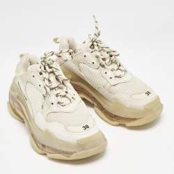 Balenciaga White/Grey Faux Leather and Mesh Triple S Low Top Sneakers Size 38