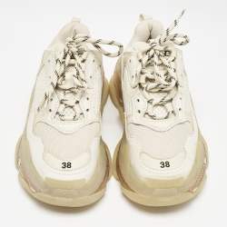 Balenciaga White/Grey Faux Leather and Mesh Triple S Low Top Sneakers Size 38