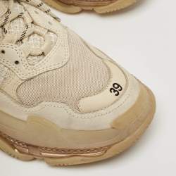 Balenciaga Cream Faux Leather and Mesh Triple S Clear Lace Up Sneakers Size 39