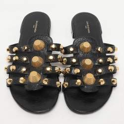 Pre Owned Balenciaga Black Leather Arena Ballet Flats Size 38