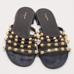 Balenciaga Navy Blue Leather Arena Flat Sandals Size 39.5
