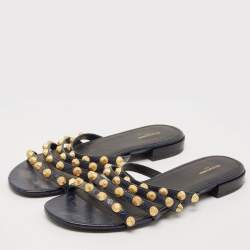 Balenciaga Navy Blue Leather Arena Flat Sandals Size 39.5