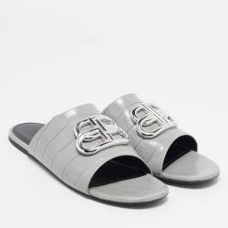 Pre Owned Balenciaga Grey Croc Embossed Leather BB Slide Flats Size 39