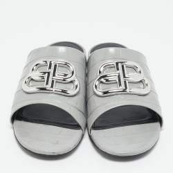 Pre Owned Balenciaga Grey Croc Embossed Leather BB Slide Flats Size 39