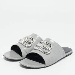 Pre Owned Balenciaga Grey Croc Embossed Leather BB Slide Flats Size 39