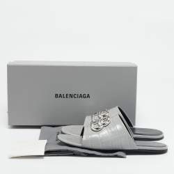 Pre Owned Balenciaga Grey Croc Embossed Leather BB Slide Flats Size 39