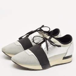 Balenciaga Silver Leather and Fabric Race Runner Low Top Sneakers Size 40