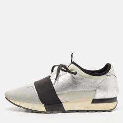 Balenciaga Silver Leather and Fabric Race Runner Low Top Sneakers Size 40