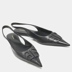 Balenciaga Black Leather BB Knife Pointed Toe Slingback Flats Size 40
