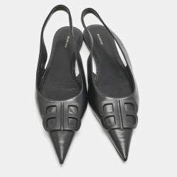 Balenciaga Black Leather BB Knife Pointed Toe Slingback Flats Size 40