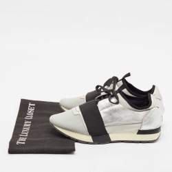 Pre Owned Balenciaga Silver Leather and Knit Fabric Race Runner Low Top Sneakers Size 39