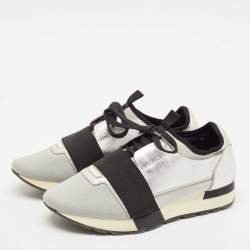 Pre Owned Balenciaga Silver Leather and Knit Fabric Race Runner Low Top Sneakers Size 39