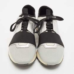 Pre Owned Balenciaga Silver Leather and Knit Fabric Race Runner Low Top Sneakers Size 39