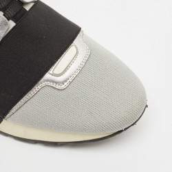 Pre Owned Balenciaga Silver Leather and Knit Fabric Race Runner Low Top Sneakers Size 39