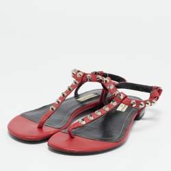 Balenciaga Red Leather Arena Thong Flat Sandals Size 38