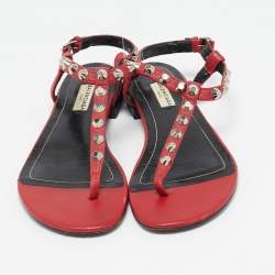 Balenciaga Red Leather Arena Thong Flat Sandals Size 38