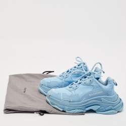Pre Owned Balenciaga Blue Leather All-Over Logo Triple S Sneaker Size 37