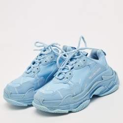 Pre Owned Balenciaga Blue Leather All-Over Logo Triple S Sneaker Size 37