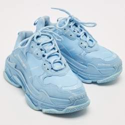 Pre Owned Balenciaga Blue Leather All-Over Logo Triple S Sneaker Size 37