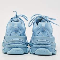 Pre Owned Balenciaga Blue Leather All-Over Logo Triple S Sneaker Size 37