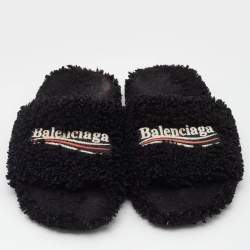 Pre Owned Balenciaga Black Shearling Fur Flat Sandals Size 38