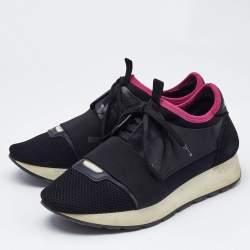 Balenciaga Black Fabric and Leather Race Runner Lace Up Sneakers Size 37