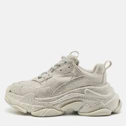 Balenciaga Grey Suede Crystal Embellished Triple S Sneakers Size 37