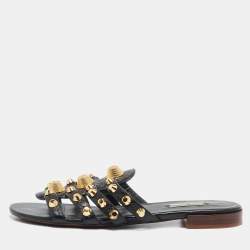 Balenciaga Black Leather Arena Flat Slides Size 40