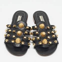 Balenciaga Black Leather Arena Flat Slides Size 40
