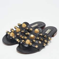 Balenciaga Black Leather Arena Flat Slides Size 40