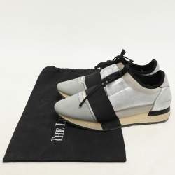 Balenciaga Silver Leather and Knit Fabric Race Runner Low Top Sneakers Size 39