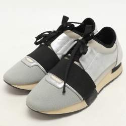 Balenciaga Silver Leather and Knit Fabric Race Runner Low Top Sneakers Size 39