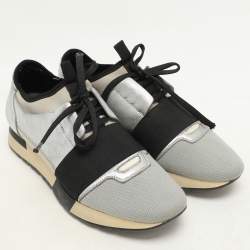 Balenciaga Silver Leather and Knit Fabric Race Runner Low Top Sneakers Size 39