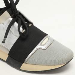 Balenciaga Silver Leather and Knit Fabric Race Runner Low Top Sneakers Size 39